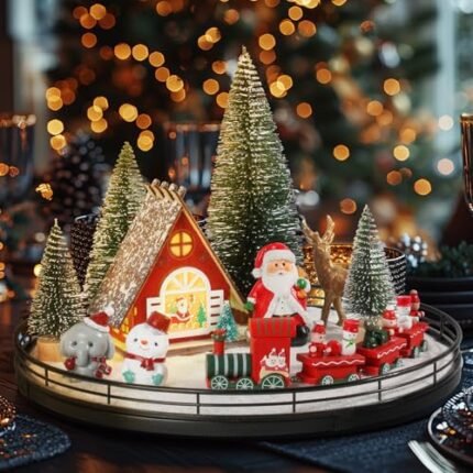Oroyutor 12 Pcs Christmas Village Set - 13" Oak Wooden Lazy Susan with Santa Train, House & Trees – Indoor Christmas Centerpiece Decor for Holiday Coffee Table, Dining Table, or Mantel Decor