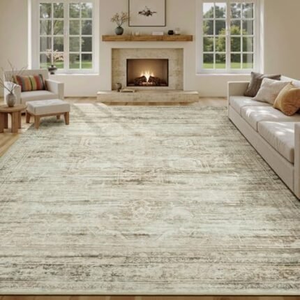 Carpelux Washable Large Area Rugs 8x10 for Living Room Bedroom Dining Room, Luxury Cozy Neutral Retro Distressed Stain Resistant Beige Rug, Soft Faux Wool Non Slip Indoor Foldable Carpets