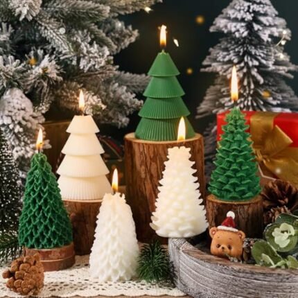 6 PCS Green White Christmas Scented Candle Set Handmade Soy Wax Origami Xmas Tree Realistic Tree Shaped Relaxation Candles for Holiday Party Gift Winter Festive Home Bathroom Bedroom Decor Supplies