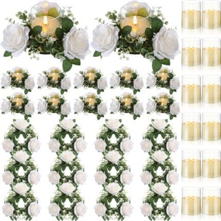 Yunlly Artificial Rose Candle Rings Wreaths 3 Inch Wedding Centerpiece LED Flameless Candles Eucalyptus Rings for Centerpiece for Tables Party Valentine Mother's Day Decoration(White,12 Pcs)