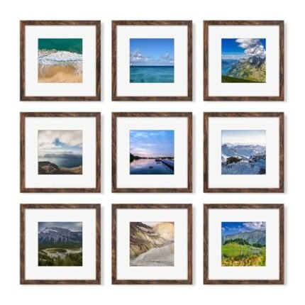YESKAY 12x12 Picture Frame Set of 9, Photo Gallery Wall Frame Set, Display Pictures 8x8 with Mat or 12 x 12 Without Mat, Square Frame Picture Frames Collage Wall Decor, Rustic Brown