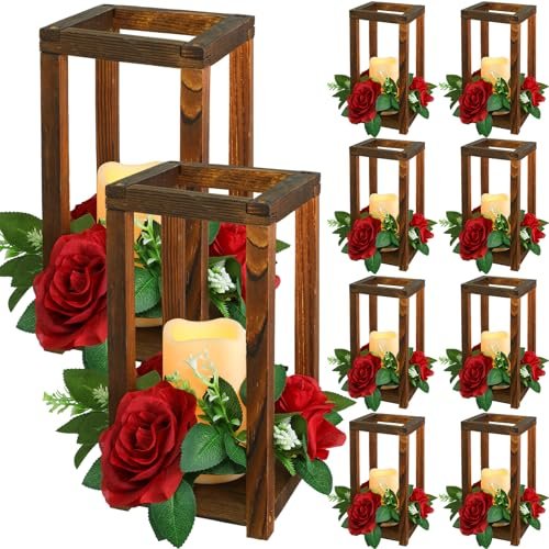 Hushee 30-Piece Rustic Wedding Lantern Centerpiece Set with Candles & Hushee 30 Pcs Integrated Wedding Lantern Centerpiece Rustic Wooden Holder with Candles and Rings Farmhouse Candle Lantern Decor for Home Valentine Wedding Party Table Decor