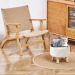 Wimarsbon Pouf Ottoman: Handmade 100% Cotton Knitted Boho Footrest with Non-Skid Wood Legs (Beige) - Image 2