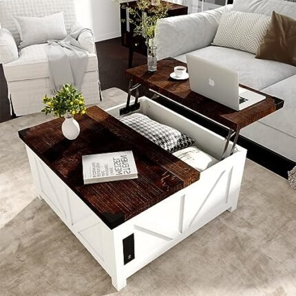 jimeimen Farmhouse Lift Top Coffee Table with Storage, Wood Square Center Table with Charging Station&USB Port, Living Room Table w/Large Hidden Space, for Living Room, Bedroom, Home Office, White