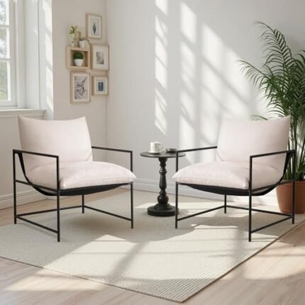 zzlay Sling Accent Chair Set of 2 with Metal Frame, Modern Armchair with Memory Foam Cushion, Comfy Lounge Chair for Living Room Bedroom Balcony, Beige