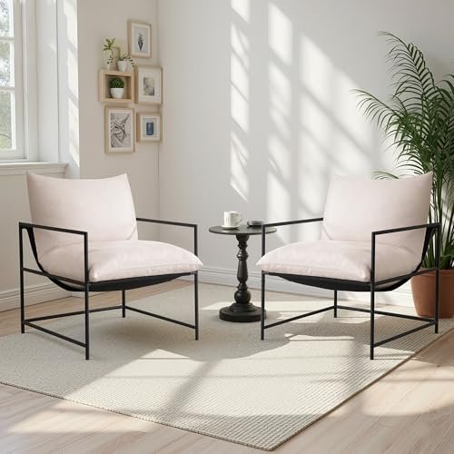 ZZLay Set of 2 Modern Accent Chairs with Metal Frame zzlay Sling Accent Chair Set of 2 with Metal Frame, Modern Armchair with Memory Foam Cushion, Comfy Lounge Chair for Living Room Bedroom Balcony, Beige