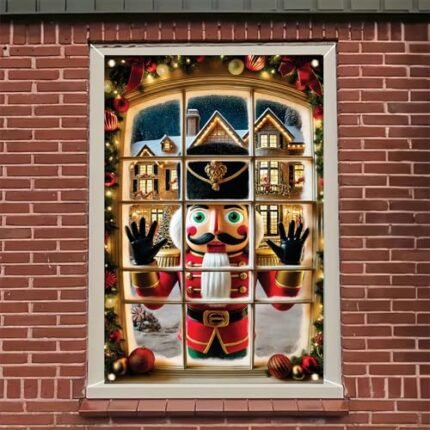 Saoplasa Christmas Window Cover Nutcracker Soldier Window Decoration Holiday House Scene Festive Lighted Snowy Display Winter Wall Hanging Xmas Curtain Panel for Living Room Seasonal Decor 47x31 Inch
