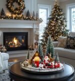 Oroyutor 12-Pc Christmas Village Set - 13" Wooden Lazy Susan with Santa Train & Trees for Holiday Decor - Image 5