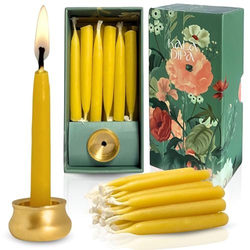 20-Minute Meditation Beeswax Candles by KALA DIPA – Set of 20-Minute Meditation Beeswax Candles – KALA DIPA – Mini Taper Dripless Candles Set of 20 with Brass Holder – Relaxation, Yoga, Prayer & Mindful Gift