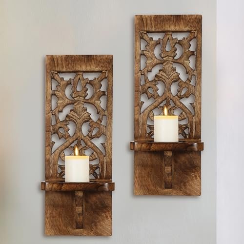 Set of 2 Rustic Wall Mount Candle Sconces - 16” Wall Mount Rustic Candle Sconces Set of 2 - Wooden Floating Shelf Pillar Candle Holders, Farmhouse Wall Décor for Living Room & Bedroom - 16 Inch - Antique Burnt