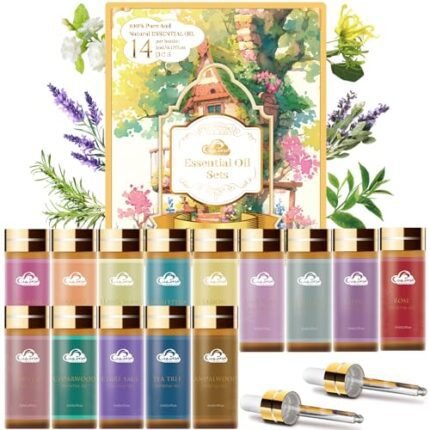 Fragrance Essential Oils Set - 14pcs, Aromatherapy Oils for Skin, Diffusers, Home Care, Humidifier Laundry, Candle Making - Tea Tree, Sandalwood, Lavender, Vanilla, Eucalyptus and More (5mL)