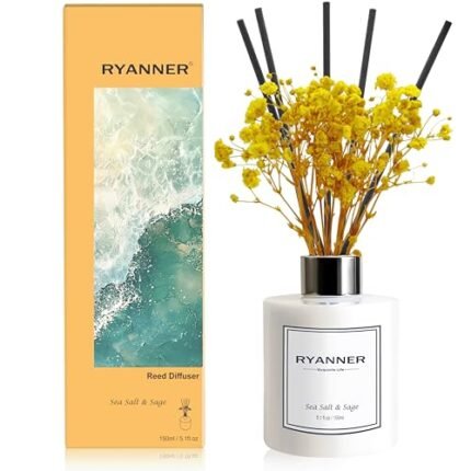 Ryanner Reed Diffuser Set,5.1 fl oz Sea Salt&Sage Scent Diffuser with Sticks Home Fragrance Reed Diffuser with Essential Oil for Bathroom Shelf Decor&Air Freshener,Home Bathroom Office Decor & Gifts