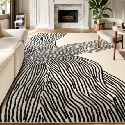 YIHOUSE 5×8 Ft Area Rugs, Abstract Washable Rug, Modern Black and White Rug for Bedroom Living Room Dining Room Office Playroom Nursery, Nonslip Throw Non-Shedding Thin Contemporary Striped Rugs
