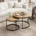 Smuxee Nesting Coffee Table Set of 2, 27.6" Round Coffee Table Wood Grain Top with Adjustable Non-Slip Feet, Industrial End Table Side Tables for Living Room Bedroom Balcony Yard
