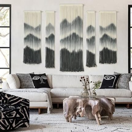 Large Macrame Wall Hanging 5Pcs Handmade Dip-Dyed Mountain Wall Decor Combination Suspension Bedroom Living Room Modern Fiber Yarn Wall Art