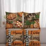Home Sweet Home Thanksgiving Pillow Covers 18 x 18 Inch,Set of 4 Decorative Autumn Pumpkin Love Lives Here Stripes Polka Dots Designs for Seasonal Fall Decoration Couch Sofa Bedroom Living Room Decor