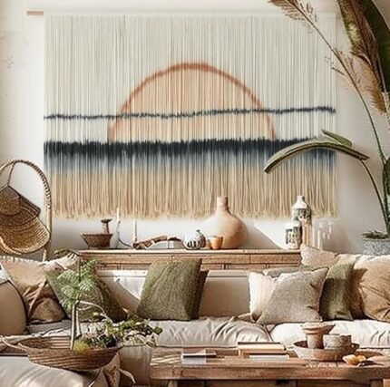 Jakalin Macrame Wall Hanging Large Sunset Dip Dye Boho Tapestry Handmade Woven Cotton Wall Art for Bedroom, Living Room, Above Bed Neutral Modern Minimalist Decor 57" Wx35 L