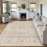 WondRg 8x10 Beige Washable Neutral Area Rug Living Room Floral Non Slip Low Pile Large Rug Vintage Traditional Stain Resistant Distressed Carpet Bedroom Dining Room Office Playroom