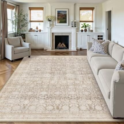 WondRg 8x10 Beige Washable Neutral Area Rug Living Room Floral Non Slip Low Pile Large Rug Vintage Traditional Stain Resistant Distressed Carpet Bedroom Dining Room Office Playroom