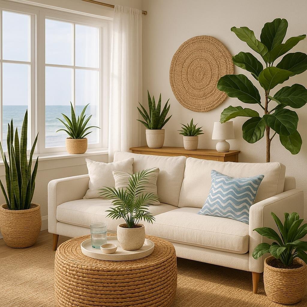 What are some plants that can thrive in a coastal-inspired living room decor?
