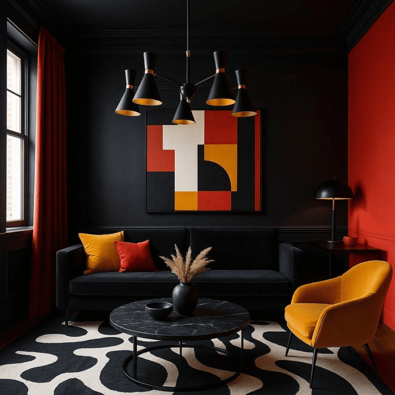 Can I use a high contrast color palette for a dramatic living room design?