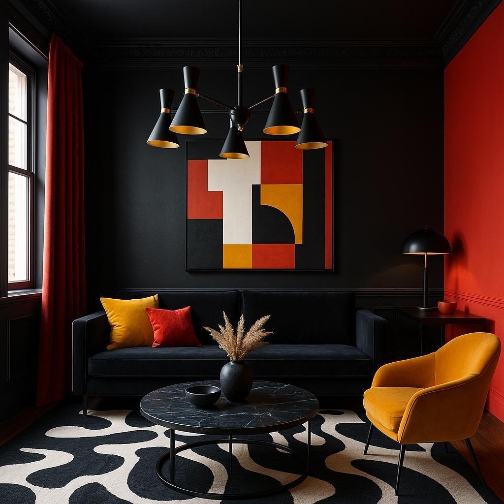 Can I use a high contrast color palette for a dramatic living room design?