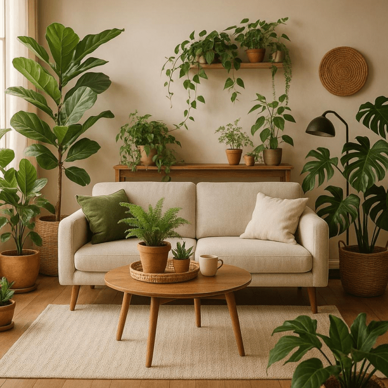 How can I implement a biophilic design with plants in my living room decor?