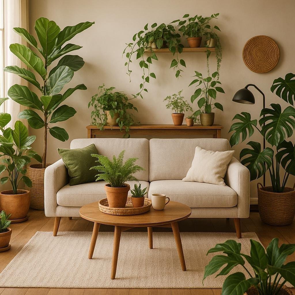 How can I implement a biophilic design with plants in my living room decor?