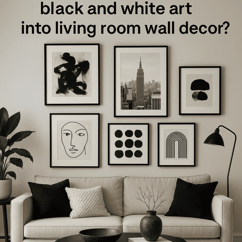 What are some ways to incorporate black and white art into living room wall decor?