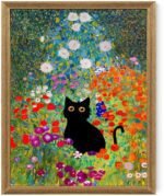 Fantasy Artists Gustav Klimt Canvas Wall Art, Framed Aesthetic Cat Floral Wall Decor, Garden Flower Black Cat Poster Paintings for Living Room Bedroom Bathroon, Dorm Home Decorations, 8" X 10"