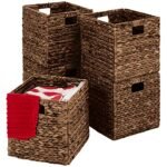 Best Choice Products 10.5x10.5in Pack of 5 Cube Storage Baskets, Water Hyacinth Multipurpose Collapsible Organizers, Handwoven Laundry Totes for Laundry, Living Room, Kids Room & Nursery - Brown