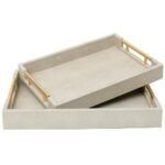 SwallowLiving Set of 2 Shagreen Serving Tray with Gold Polished Metal Handles Ivory Wood Decorative Tray PU Leather with Brushed Gold for Coffee Table Ottoman Console Table
