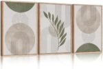 HPINUB Sage Green Boho Framed Canvas Wall Art Set, Minimalist Beige Green Botanical Wall Decor, Abstract Geometric Line Leaf Canvas Painting for Living Room, Bedroom, Dining Room, Office Decor-24"x36"x3