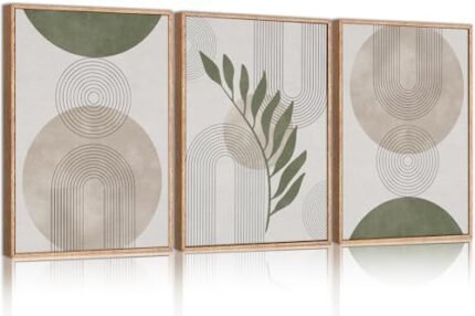 HPINUB Sage Green Boho Framed Canvas Wall Art Set, Minimalist Beige Green Botanical Wall Decor, Abstract Geometric Line Leaf Canvas Painting for Living Room, Bedroom, Dining Room, Office Decor-24"x36"x3