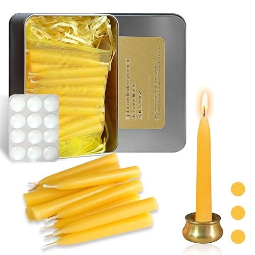 Gedengni Mini Taper Candles - 20-Minute Dripless Beeswax Candles with Gedengni Mini Taper Candle Meditation Candles,20 Minute Prayer Candlestick Dripless Beeswax Candles with Brass Candle Holder for Yoga & Spiritual Rituals (Set of 30)