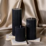 Set of 3 Conelist Ribbed Pillar Candles: Black Aesthetic Soy Wax, Scented Orchids, 4", 6", 8". Perfect for Home Decor. - Image 4