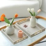 SwallowLiving Set of 2 Ivory Wood Shagreen Serving Trays with Gold Handles for Coffee Table and Ottoman. - Image 7