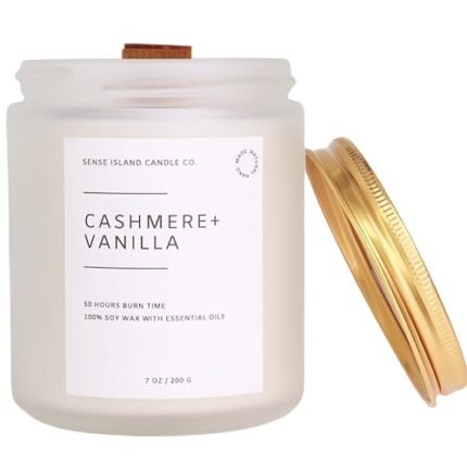 Crackling Wood Wick Vanilla Cashmere Scented Candle Natural Soy Wax 50 hrs Long Lasting Hand-Poured Highly Scented Crackle Wooden Wick Soothing Sound
