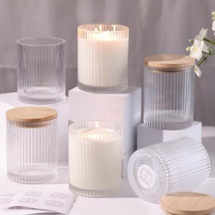 LAMORGIFT 14OZ Clear Glass Candle Jars for Making Candles, 6 Pack - Empty Candle Jars Bulk with Bamboo Lids and Accessories, Ribbed Candle Vessels Containers for Candle Making