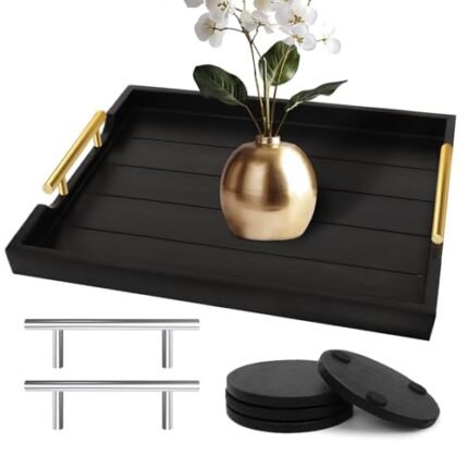 SXNOWS Coffee Table Trays - Large Ottoman Tray for Living Room -Wood Serving Tray with 2 Sets of Handles - Wooden Tray for Coffee Table, 4 Round Coasters Included, Black