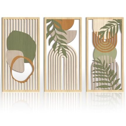 IARTTOP Boho Mid-century Modern Wood Wall Art 16x32 Inch Large Green Abstract Wood Wall Decor Mid Century Bohemian Artwork for Bedroom Living Room Office Kitchen Set of 3