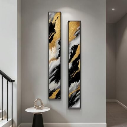 Framed Long Narrow Vertical Abstract Wall Art Set, 2 Piece Black White Gold Luxury Modern Canvas Prints Paintings Artwork for Walls, Pictures for Entryway Hallway Living Room Dining Bedroom Wall Decor