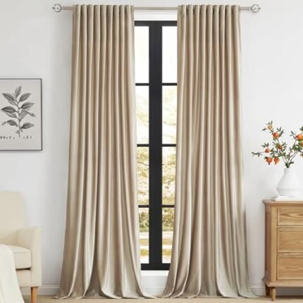 PRIMROSE Champagne Polyester Velvet Curtains 108 inch Long for Living Room,Set of 2 Panels Blackout Rod Pocket Back Tab Window Treatment Room Darkening Heavy Decorative Curtains Drapes for Bedroom