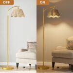 Oneach Arc Floor Lamp: Rattan Boho Design, Hand-Woven Shade, Foot Switch, Gold Metal Base—Perfect for Living Room or Bedroom Reading. - Image 5