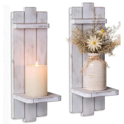 Farmhouse Candle Sconces Wall Decor: Set of Two Rustic Wood Candle Holder Wall Decor - Distressed White Candle Sconces for Bedroom Living Room Bathroom