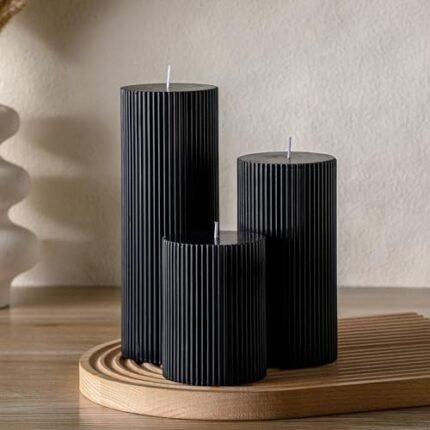 Conelist Ribbed Pillar Candles Set of 3, Width 3" High 4" 6" 8" Large Soy Wax Orchids Scented Pillar Candles Aesthetic Ribbed Modern Home Decor for Bathroom Living Room(Black)