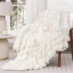 Touchat Luxury Faux Rabbit Fur Throw Blanket – Super Soft, Cozy, Reversible Plush Blanket for Couch & Home Decor Gifts in Cream White. - Image 3