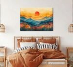 Abstract Mountain Sunrise and Sunset Wall Art with Wildflowers - Watercolor Landscape Decor for Living Room and Bedroom - Image 2