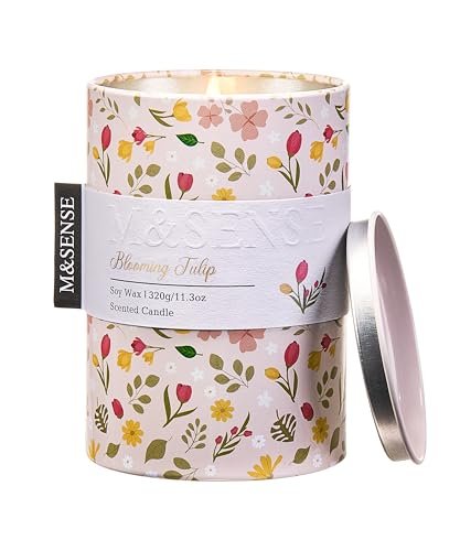M&SENSE Blooming Tulip Scented Candle, Medium Jar Candle 11.3oz Natural Soy Wax for Home Scented, Floral Candles Gift for Spring Holiday, Up to 70 Hours Burning Long-Lasting Fragrance