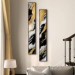 Framed 2-Piece Vertical Abstract Wall Art Set in Black, White & Gold for Modern Decor - Image 7